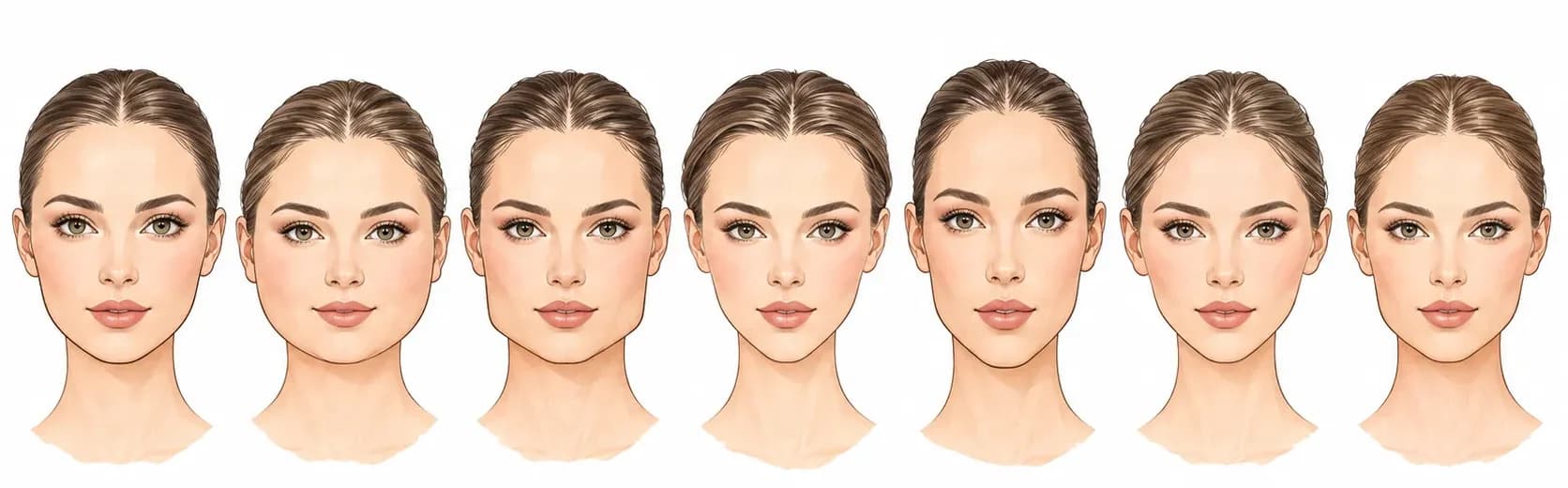 7 Gesichtsformen: Oval, Rund, Eckig, Herz, Länglich, Diamant, Dreieckig
