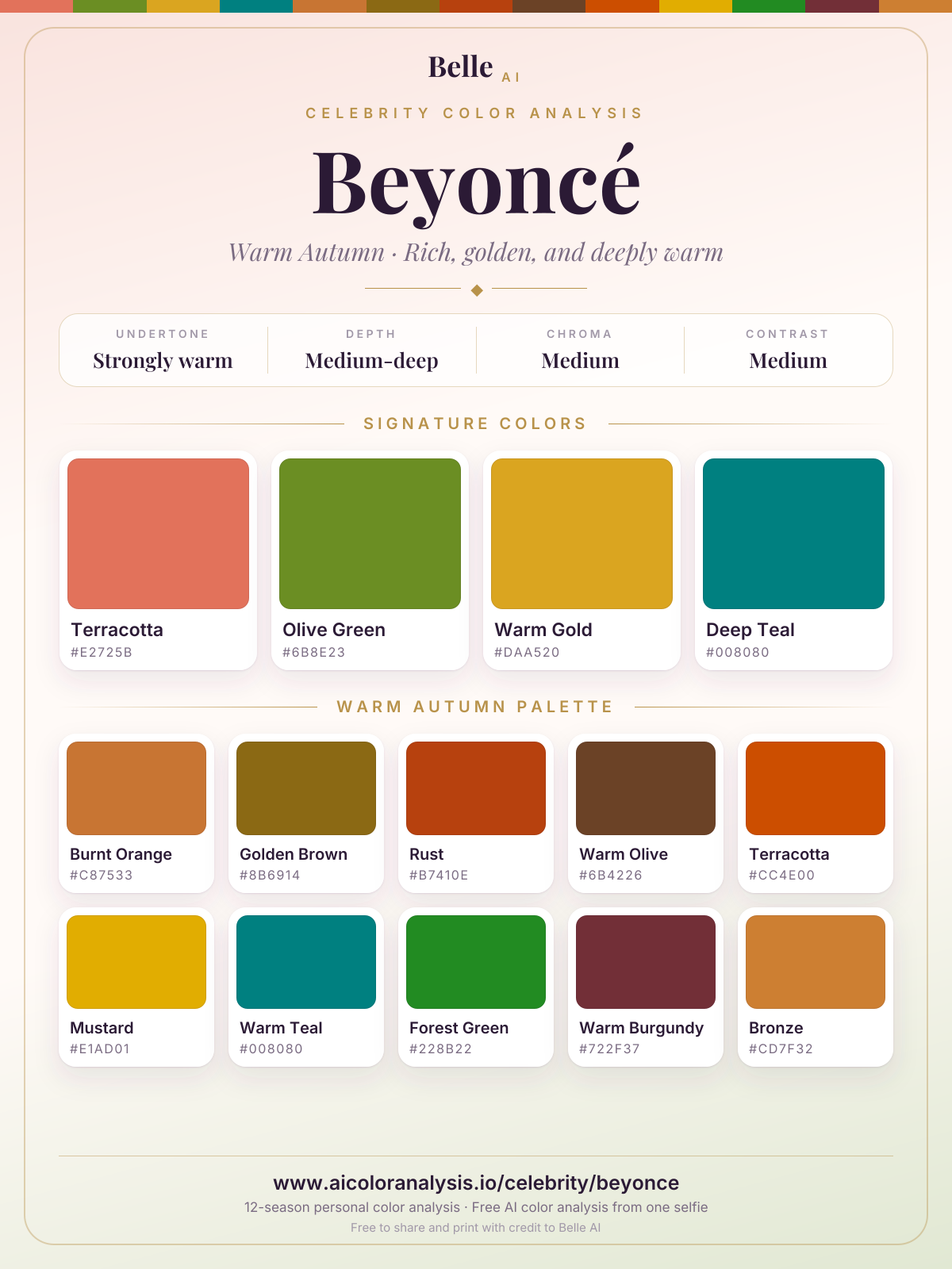 Beyoncé color palette card: signature colors and season palette, with hex codes