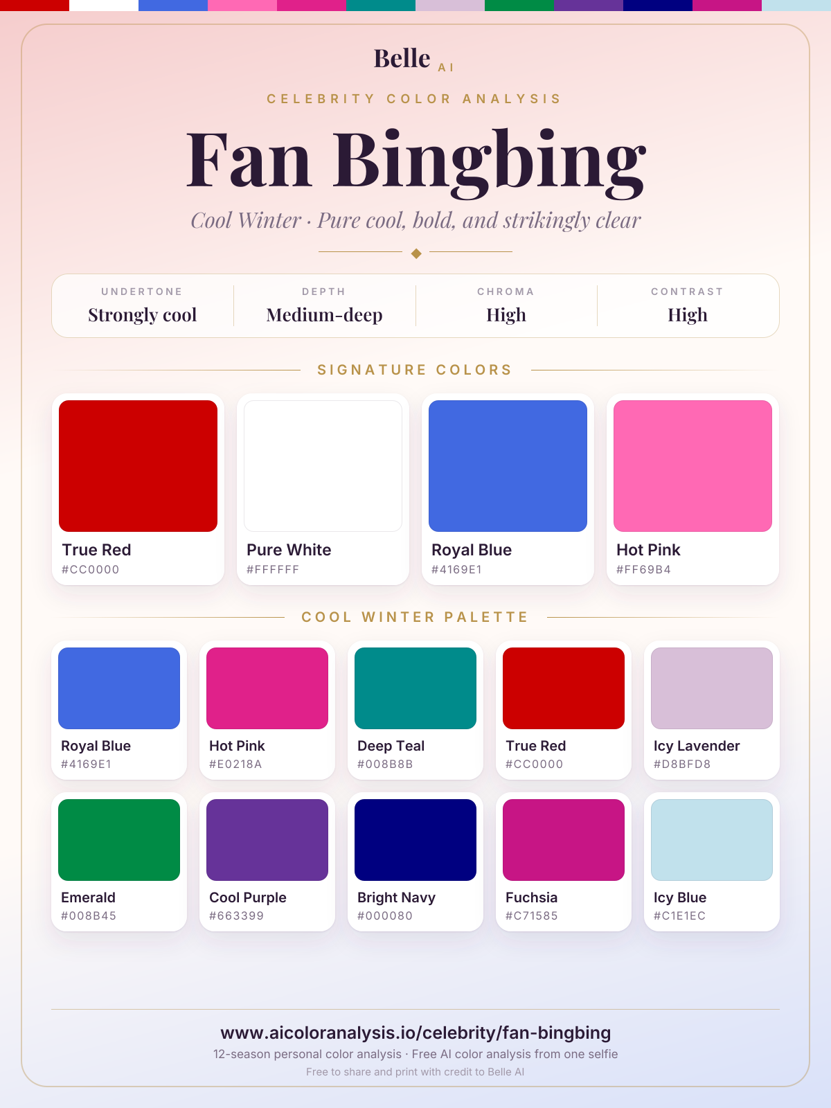 Fan Bingbing color palette card: signature colors and season palette, with hex codes