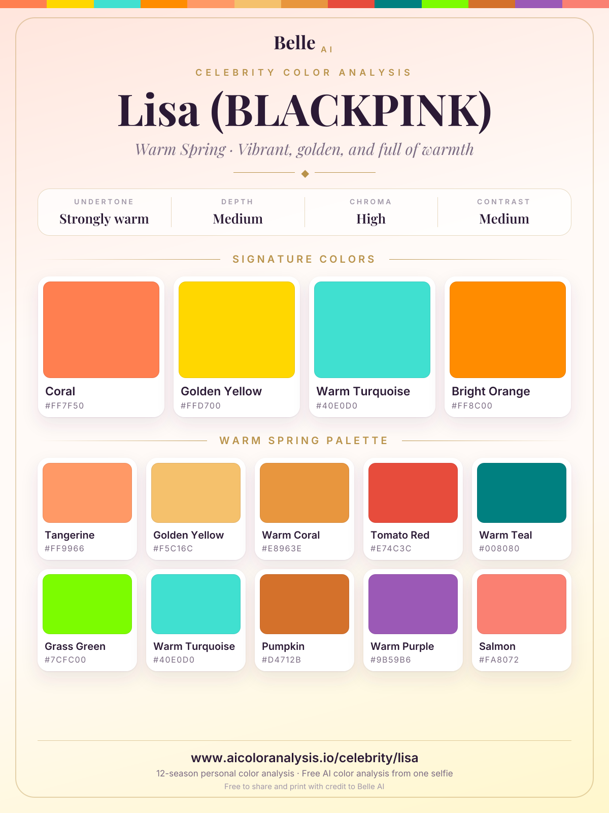 Lisa (BLACKPINK) color palette card: signature colors and season palette, with hex codes