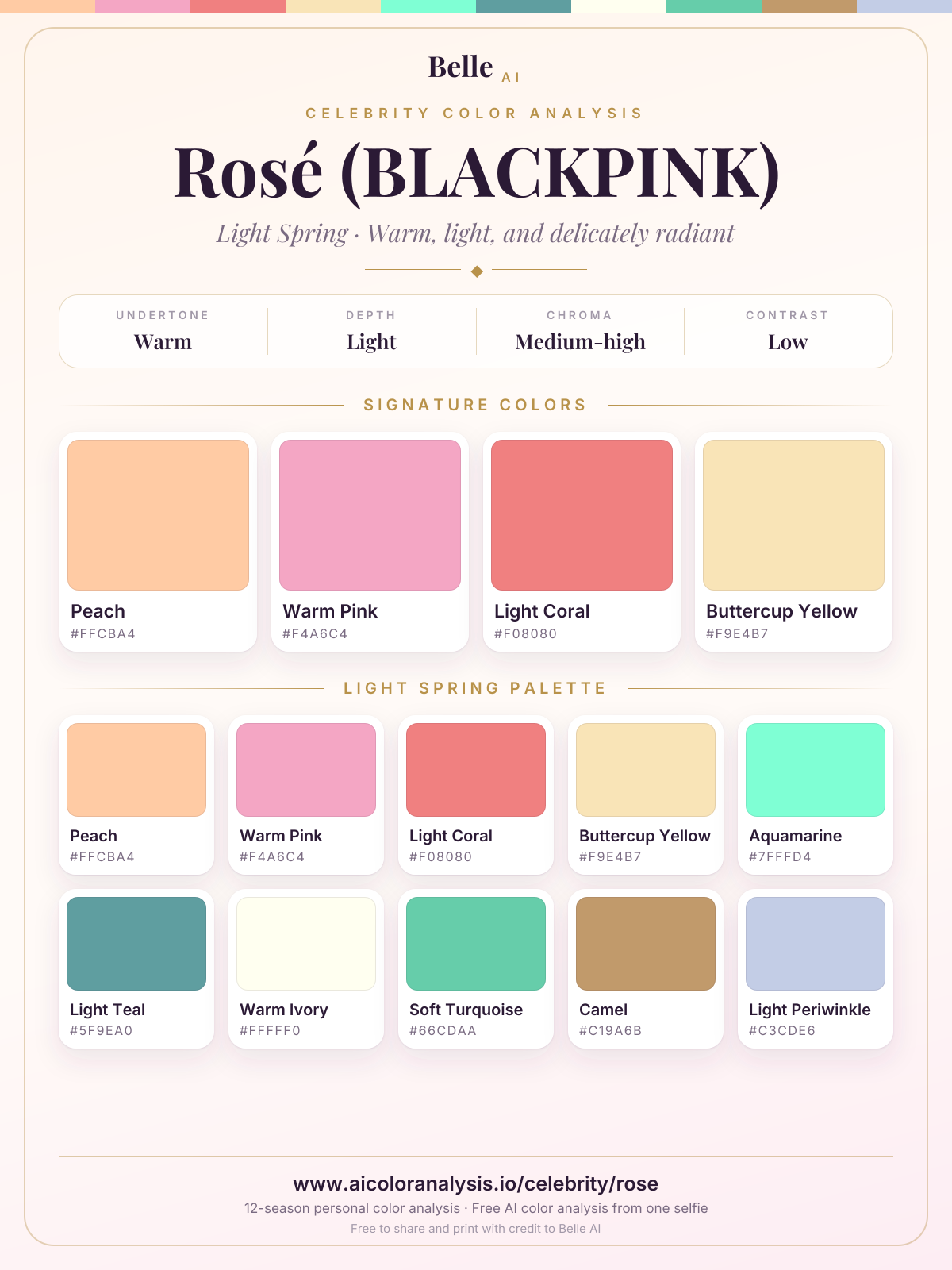 Farbpaletten-Karte Rosé (BLACKPINK): Signaturfarben und Palette des Farbtyps, mit Hex-Codes