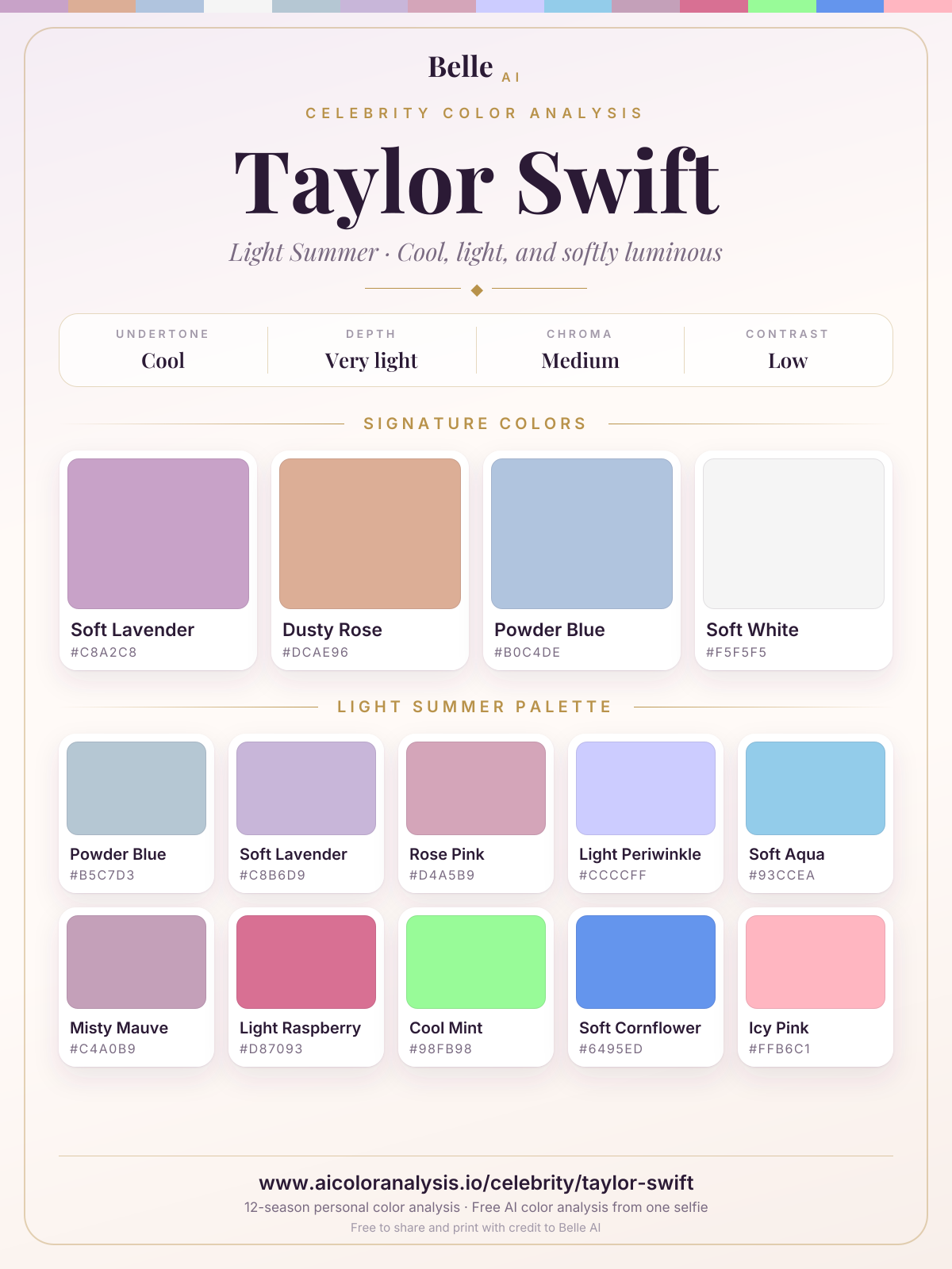 Taylor Swift color palette card: signature colors and season palette, with hex codes