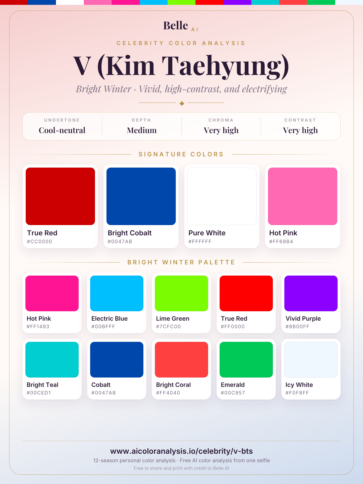 V (Kim Taehyung) color palette card: signature colors and season palette, with hex codes