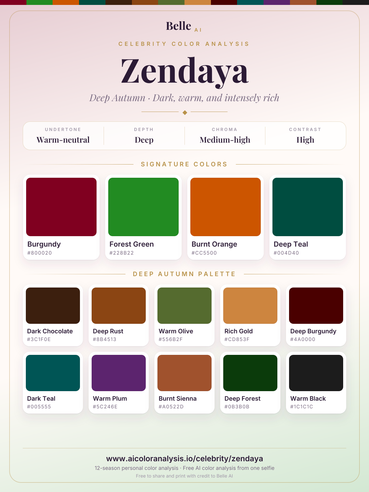 Zendaya color palette card: signature colors and season palette, with hex codes
