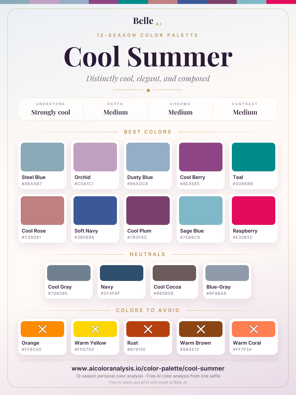 Cool Summer color palette card: best colors, neutrals and colors to avoid, with hex codes