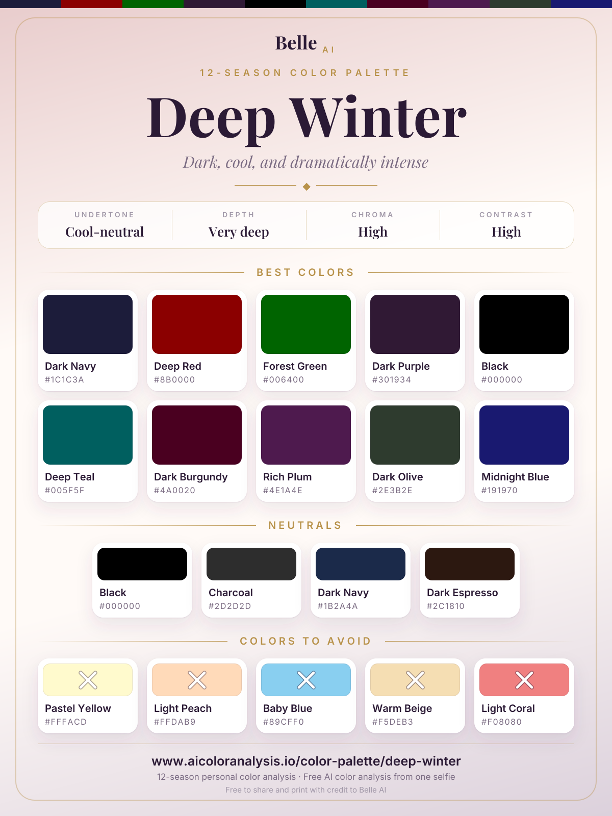 Deep Winter color palette card: best colors, neutrals and colors to avoid, with hex codes