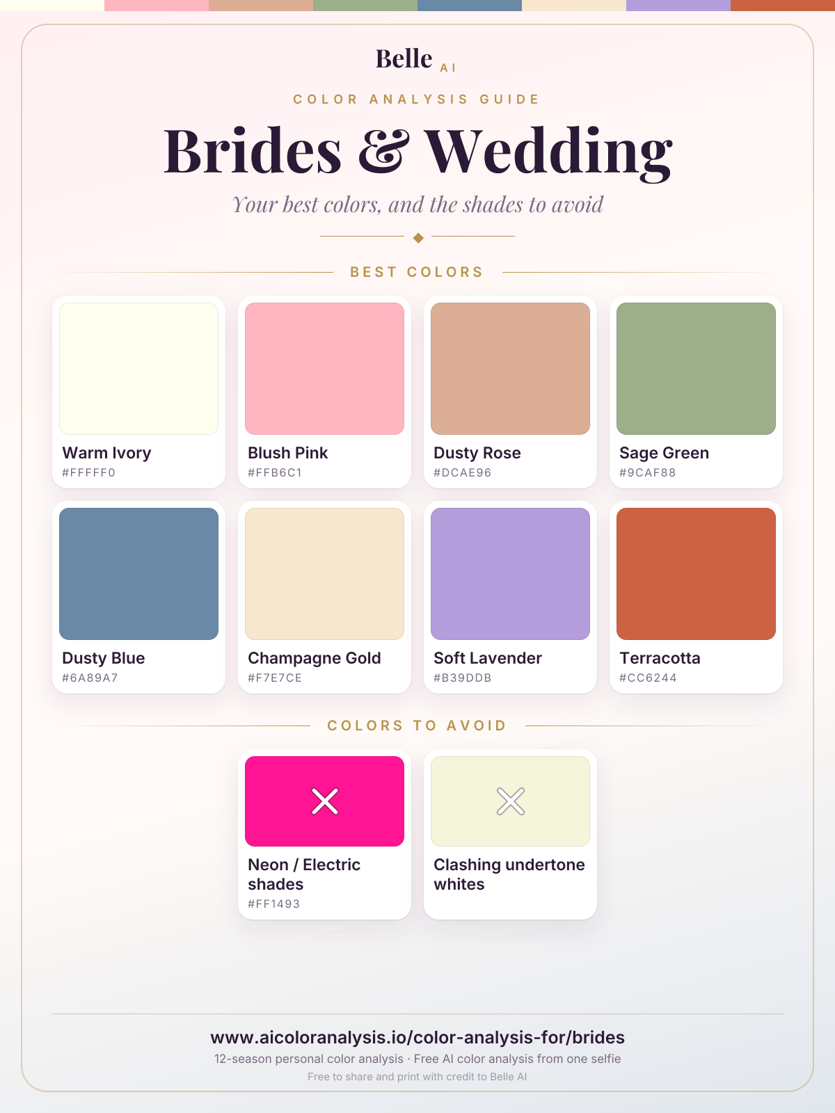 Farbpaletten-Karte Brides & Wedding: beste Farben und Farben, die man meiden sollte, mit Hex-Codes