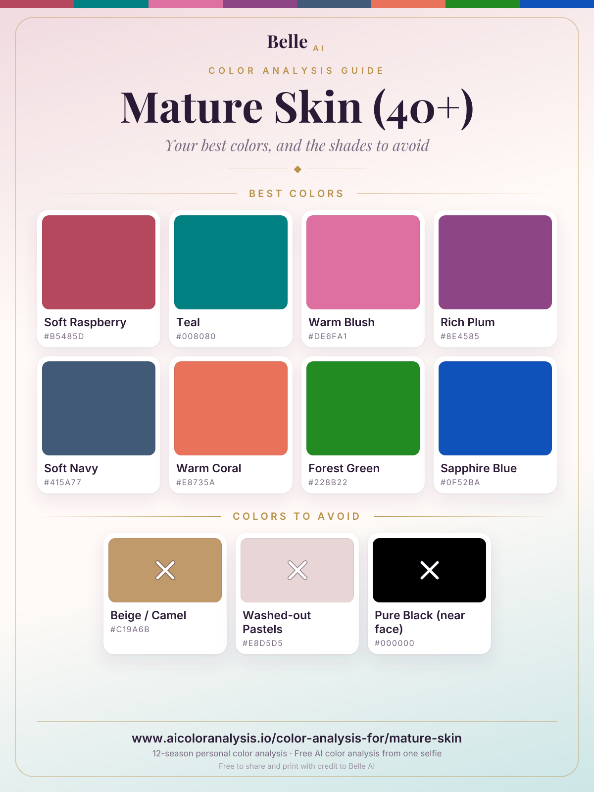 Mature Skin (40+)色板卡片:最适合的颜色与要避开的颜色,附色号