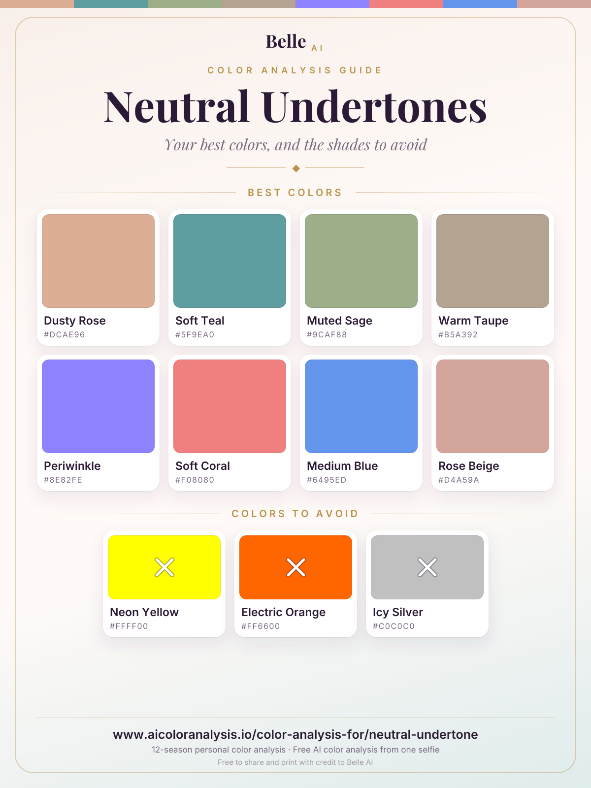 Neutral Undertones色板卡片:最适合的颜色与要避开的颜色,附色号