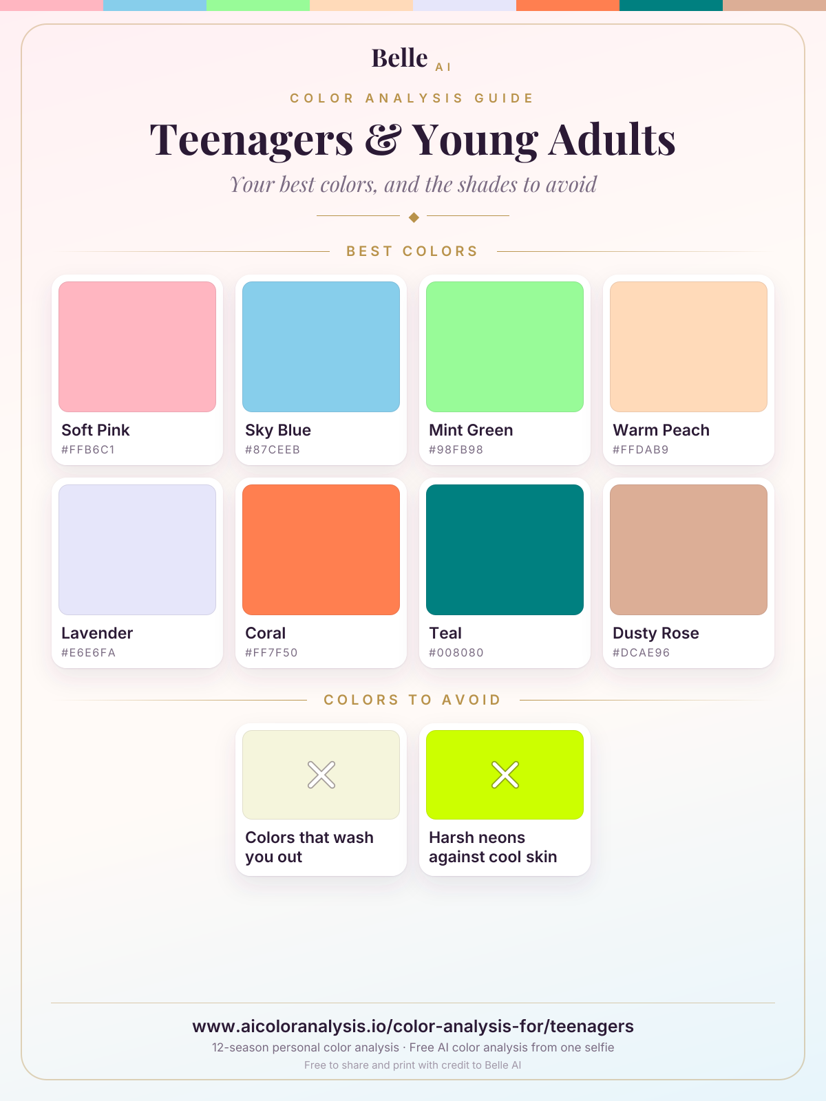 Teenagers & Young Adultsのカラーパレットカード:似合う色と避けたい色(カラーコード付き)
