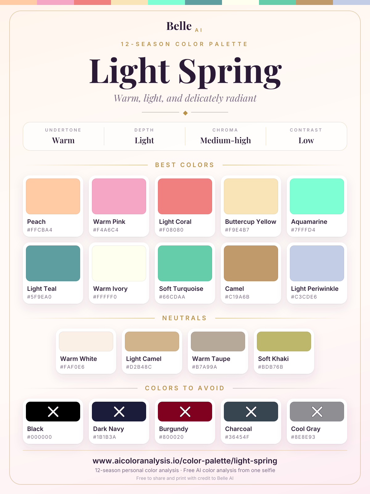 Light Spring color palette card: best colors, neutrals and colors to avoid, with hex codes