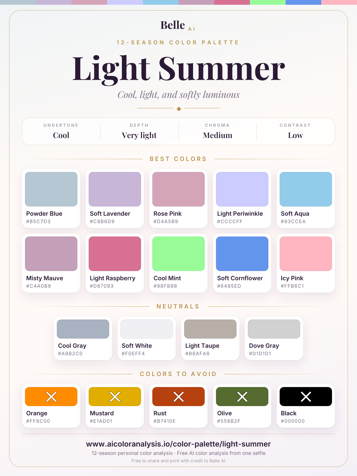 Light Summer color palette card: best colors, neutrals and colors to avoid, with hex codes