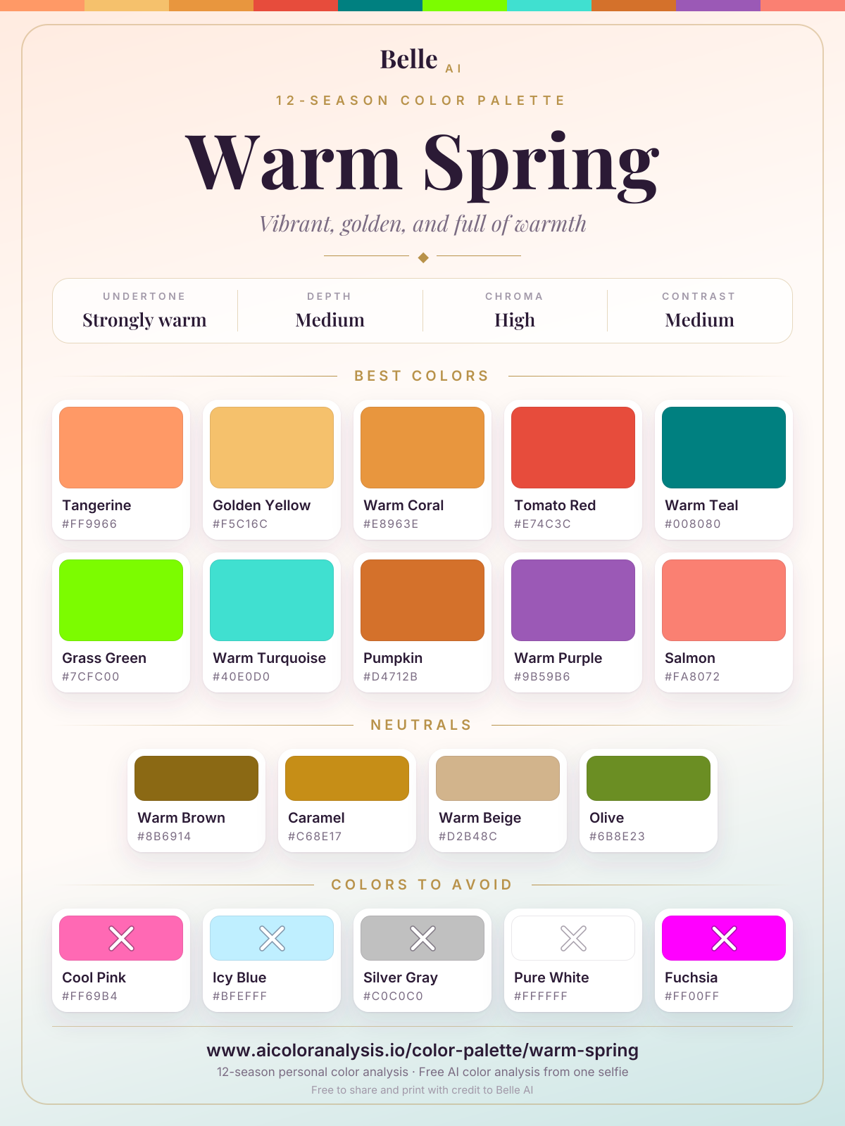 Warm Spring color palette card: best colors, neutrals and colors to avoid, with hex codes