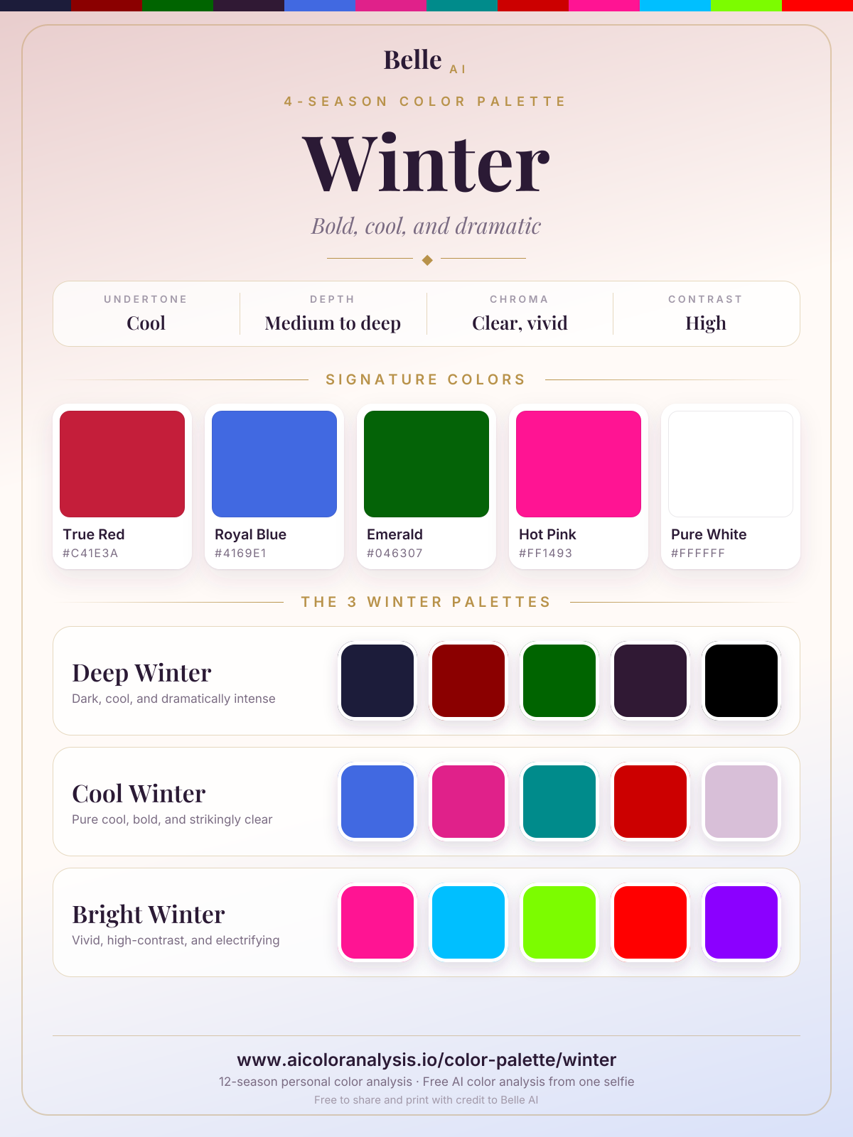Farbpaletten-Karte Winter: Signaturfarben und die Paletten der drei Untertypen, mit Hex-Codes