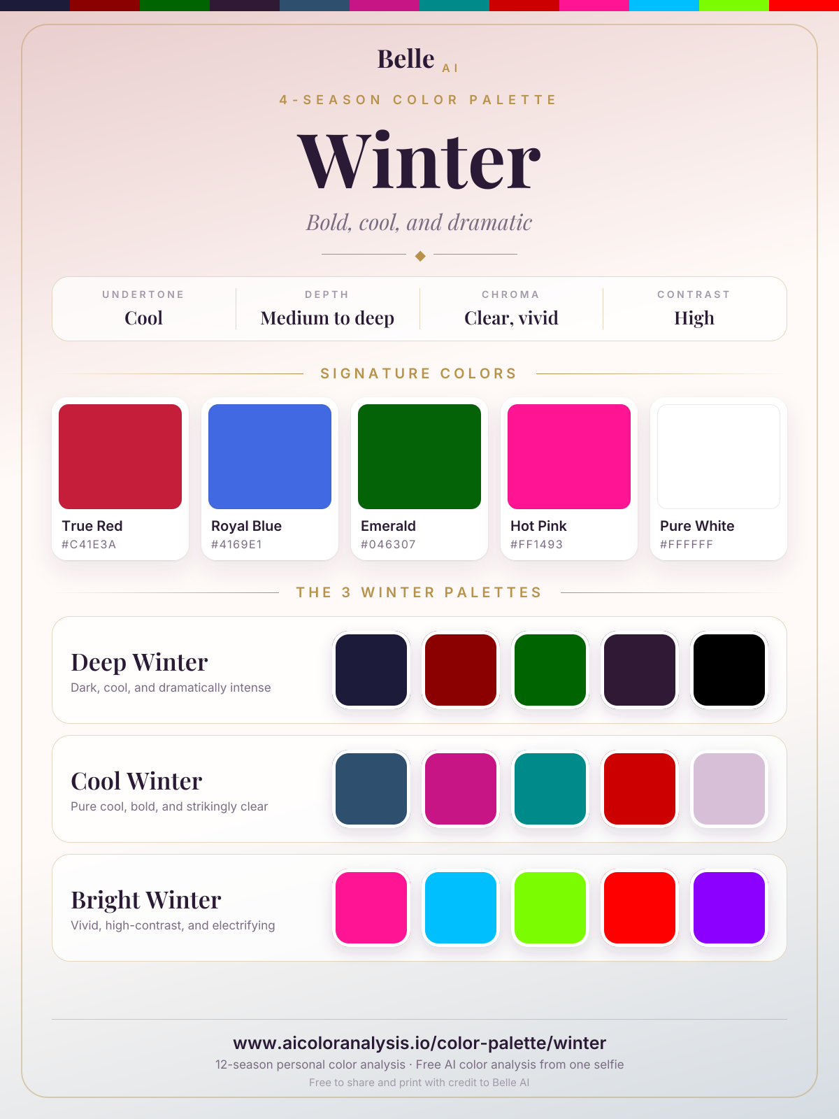 Winter color palette card: signature colors and the three sub-season palettes, with hex codes