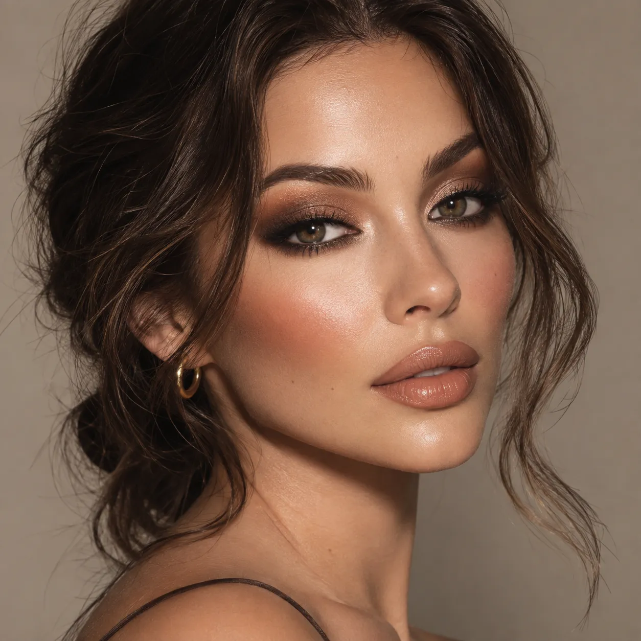 Soft Autumn glam makeup look — Warm taupe smoky eye with bold lip