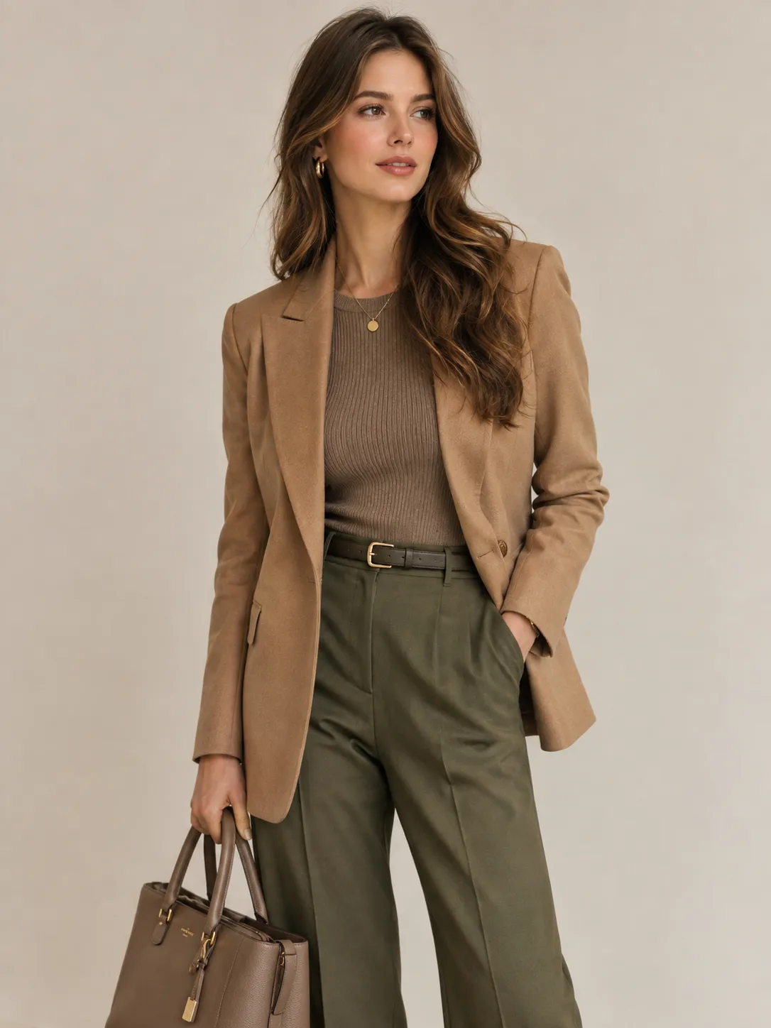 Soft Autumn workwear look featuring camel tones